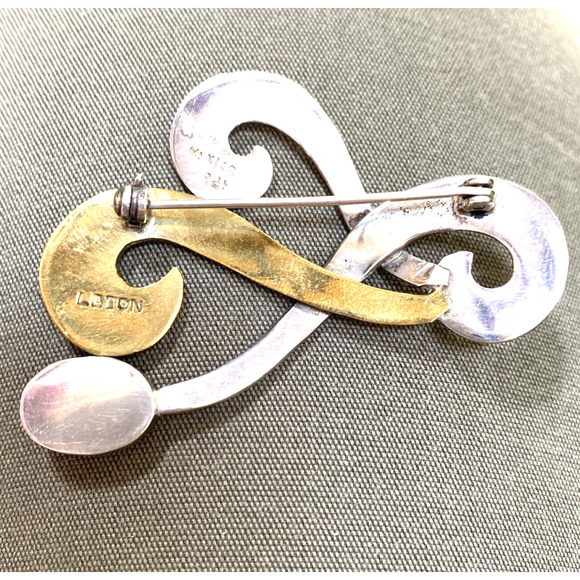 Sterling Silver 925 Black Onyx Inlay Modernist Brooch Signed Laton Mexico A-142 - Picture 5 of 6